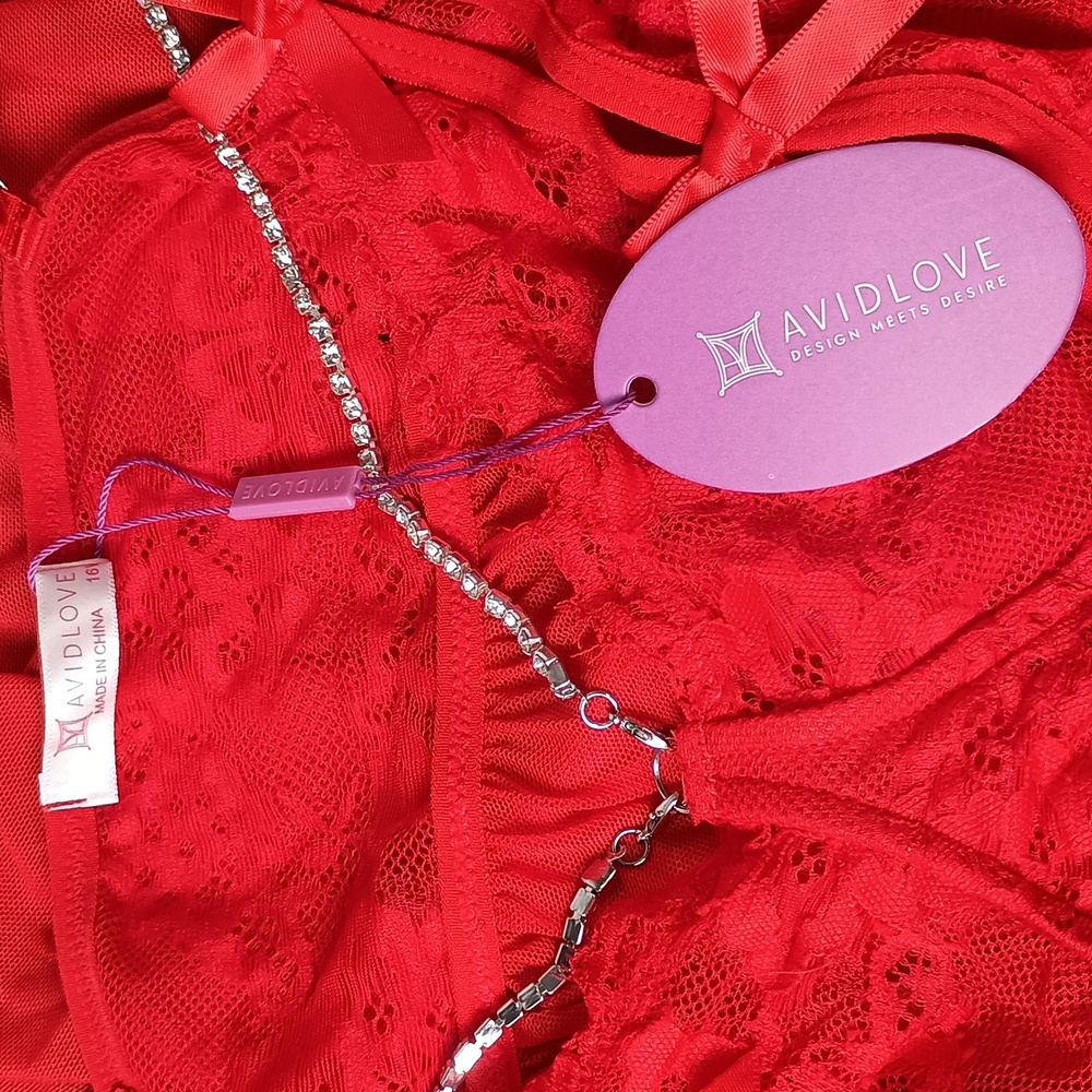 2pc Womens Plus Size Lace Babydoll Lingerie Strappy Chemise Nightie- Red - Picture 5 of 9